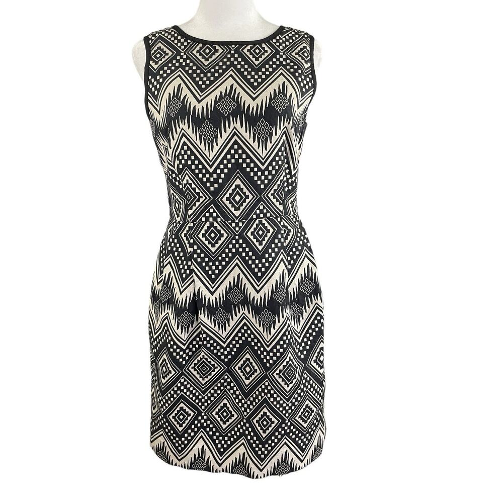 J Crew 4 Sleeveless Sheath Dress Black Ivory Tribal Geometric Cotton Pockets